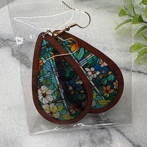 NWT Wood Teardrop Floral Stained Glass Effect Earrings - Multicolor